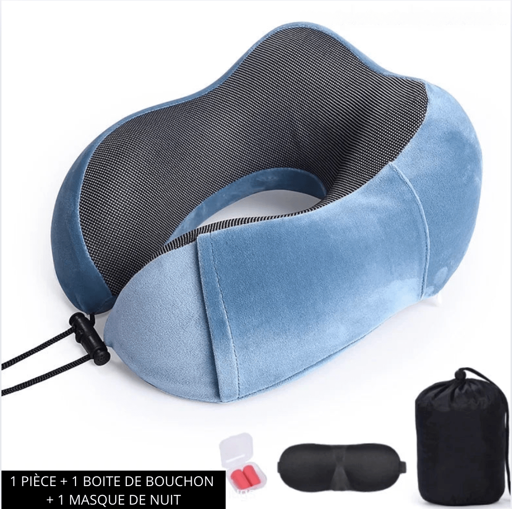 sac-voyages BLEU CIEL + MASQUE DE NUIT+ BOUCHONS D'OREILLES Coussin avion memoire de forme